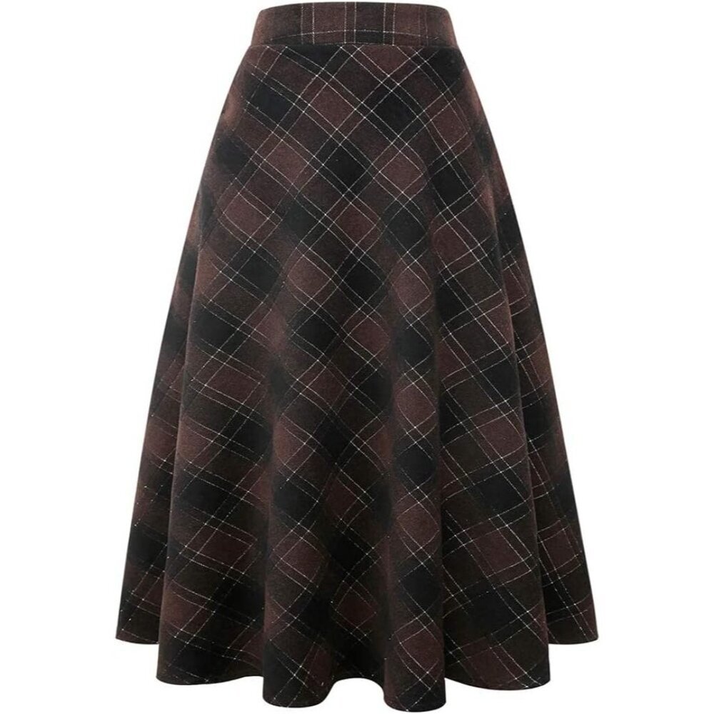 Womens Coffee 2005 Elastic Waist A-Line Pleated Tartan Long Plaid Wool Skirts
